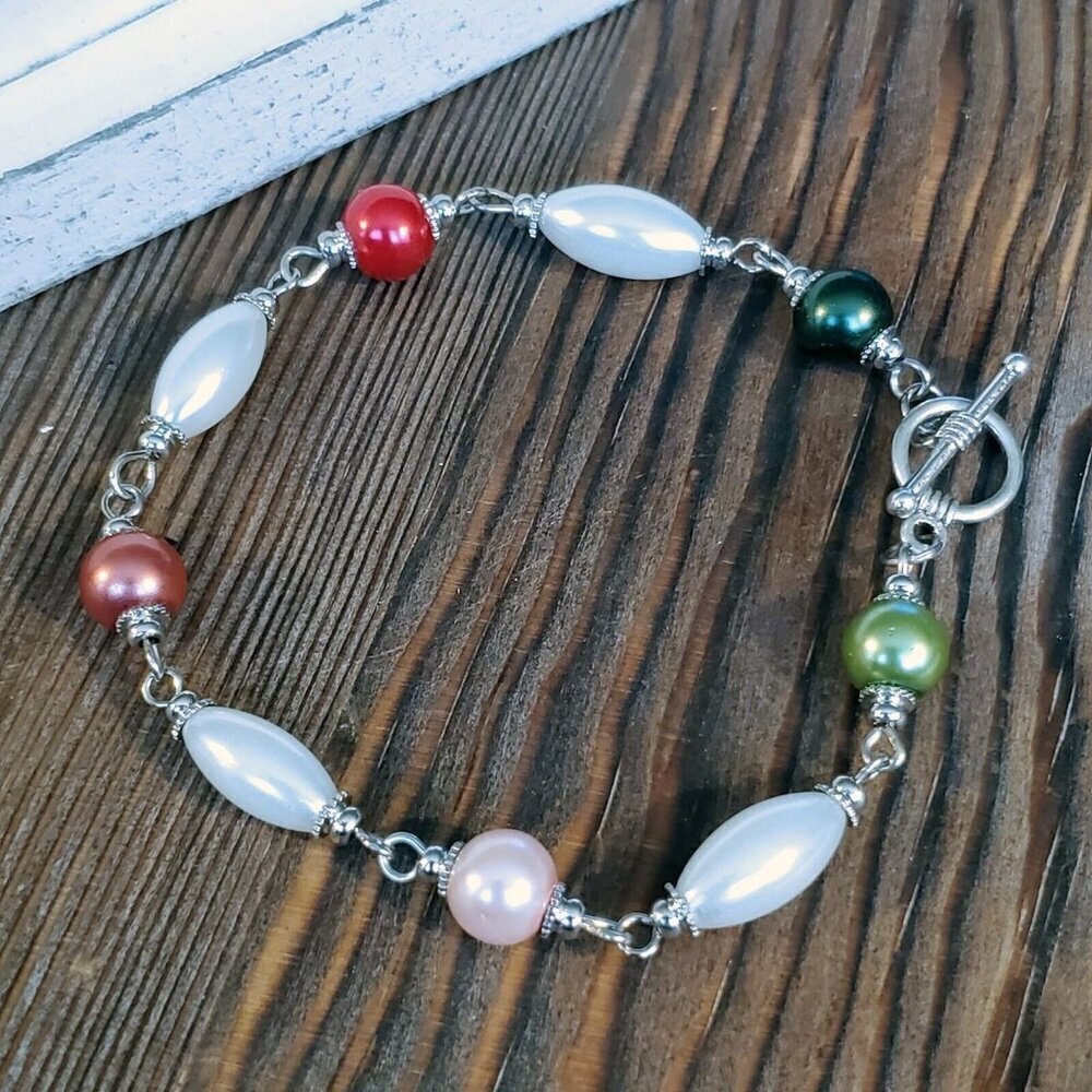 Glass Pearl Bracelet Silver White Multi Color